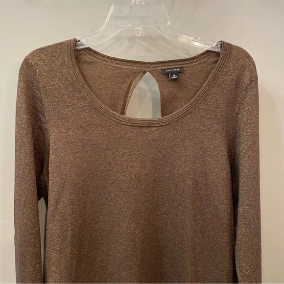 Ann Taylor Top Metallic Bronze Long Sleeve Back Cut Out Stretch Knit - Picture 3 of 5